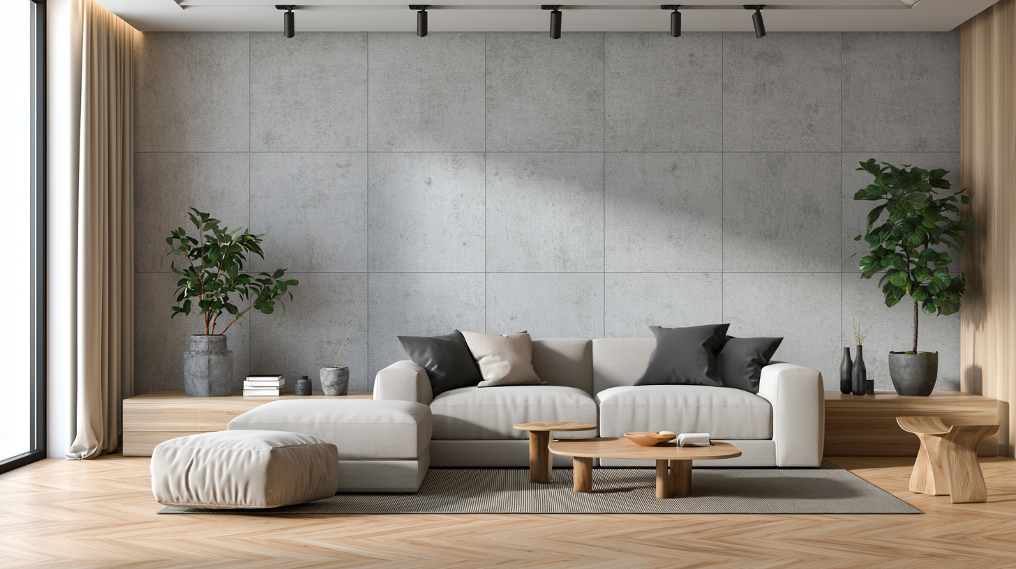 Modern condo living room with an acoustic-treated concrete feature wall